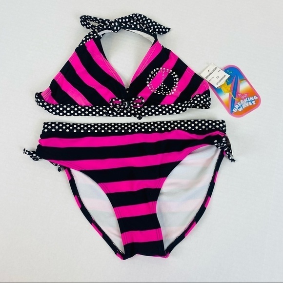 Breaking Waves Striped w/ Rhinestone Peace Sign Bikini Size 14 - Picture 1 of 7